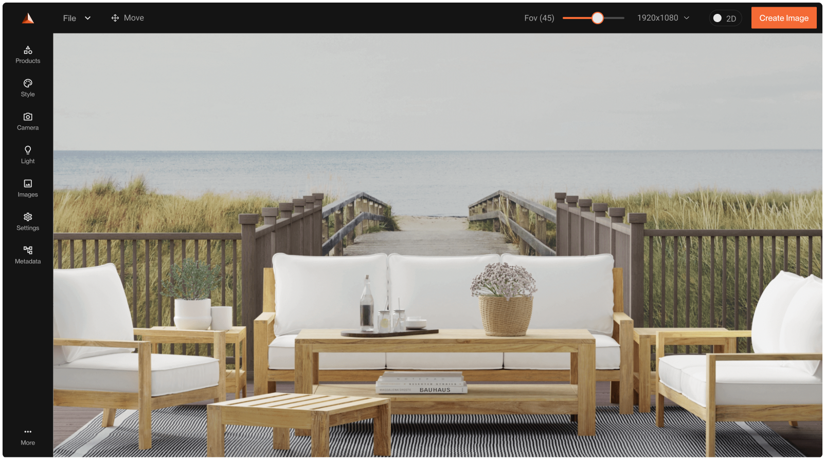 Outdoor teak conversation set with white cushions in 3D lifestyle template by the lake made in imagine.io