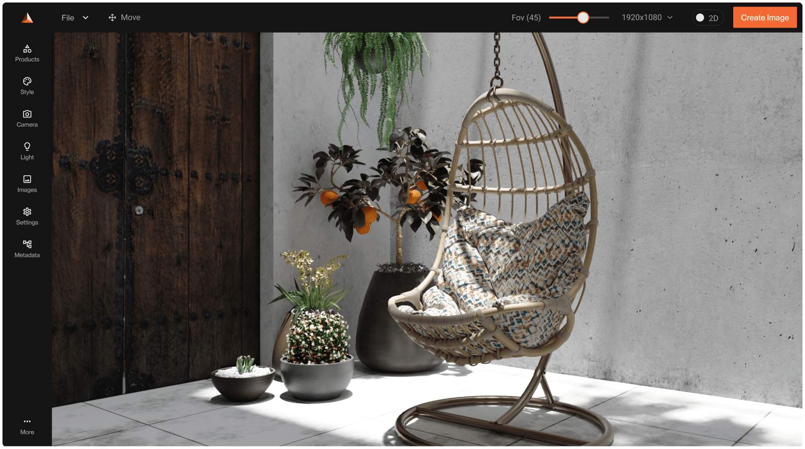 Vignette of outdoor wicker egg chair with cushions made with imagine.io 3D curator 