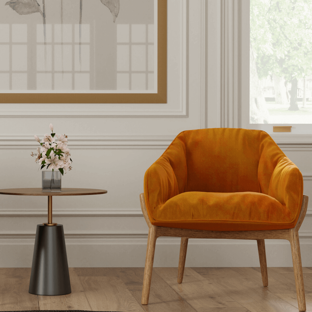 orange velvet accent chair with teak legs in traditional 3D room template
