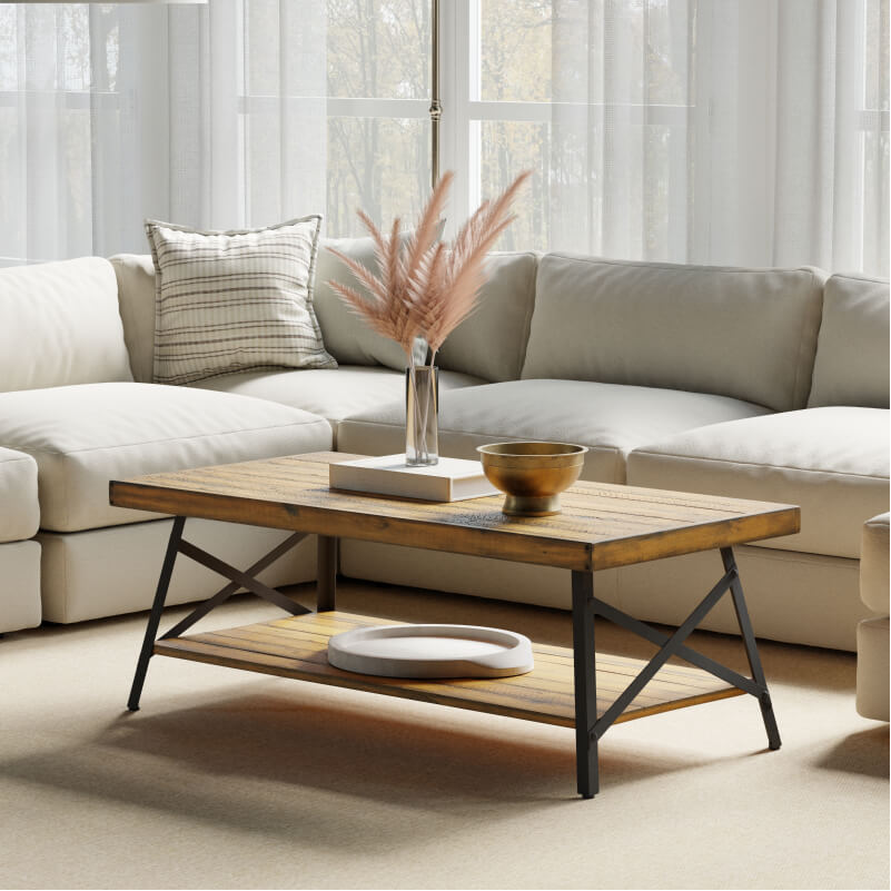 wood and metal coffee table with white sectional and 3D accessories made in imagine.io