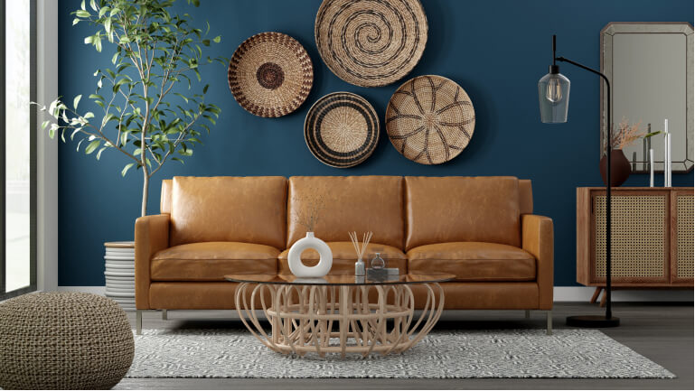 3D leather sofa with round wicker wall accents made with imagine.io