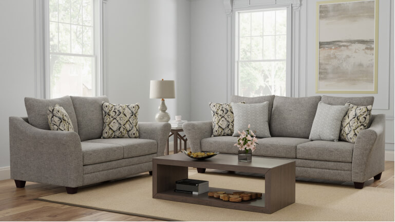 grey loveseats with pillows in 3D living room template created in imagine.io