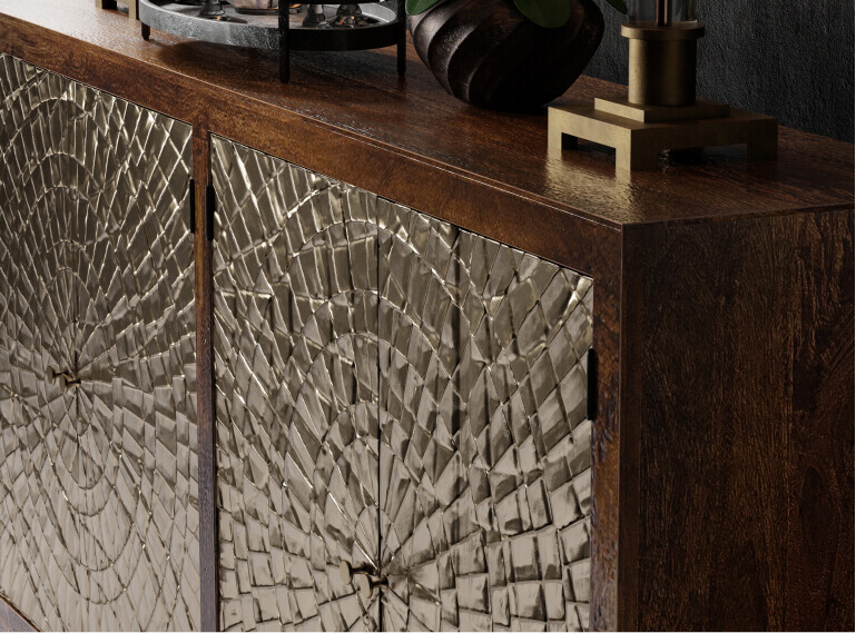 Close up of gold details in 3D rendered sideboard made in imagine.io