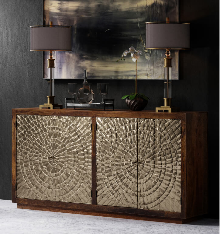 3D rendering of gold and dark wood sideboard with lamps made in imagine.io