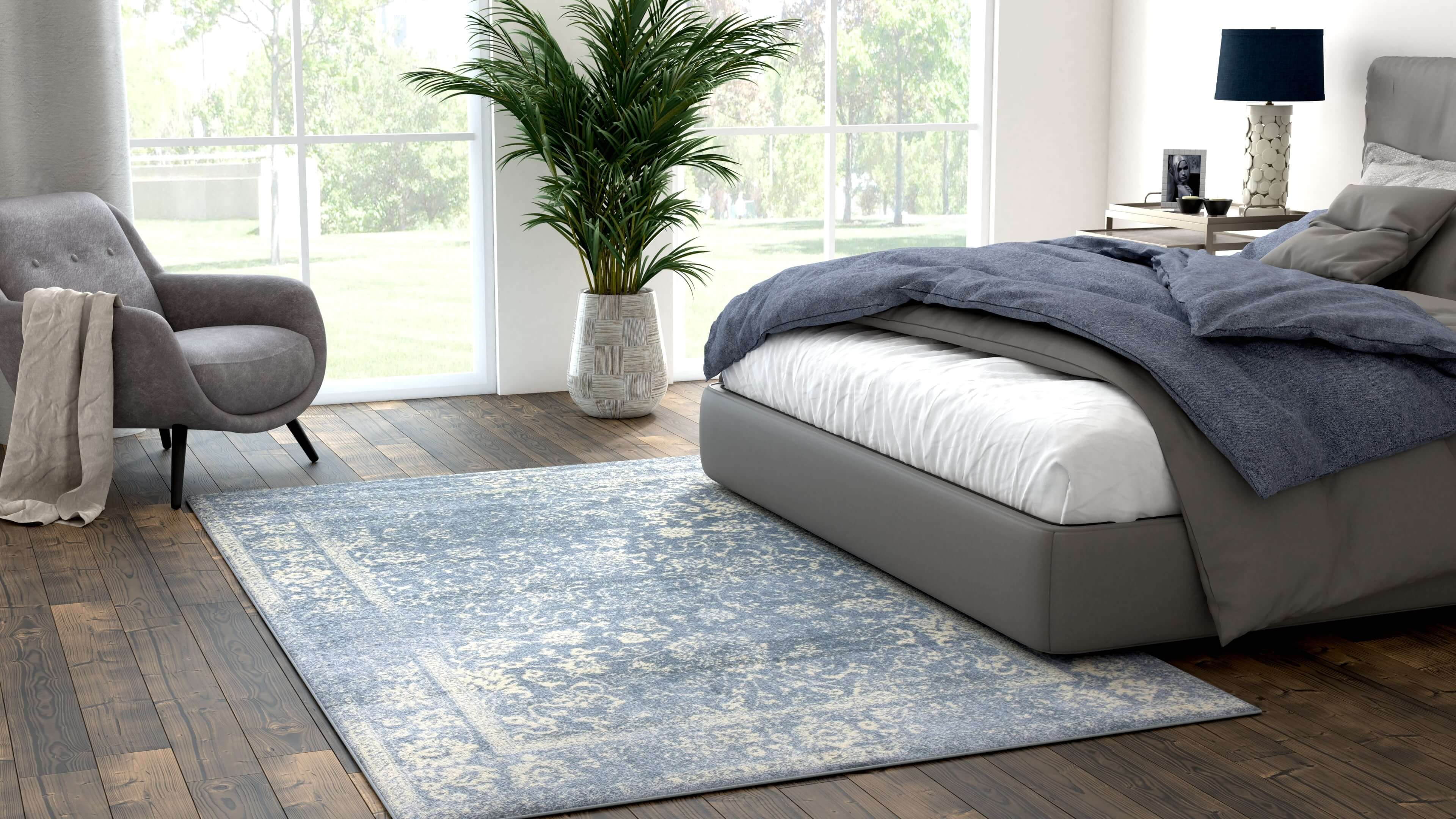 Kalora blue rug in 3D bedroom template created with imagine.io 