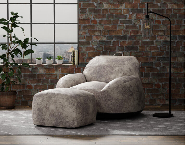 3D nestle chair and ottoman with industrial lifestyle template made in imagine.io