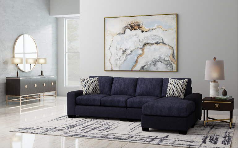3D rendered photo of blue sofa chaise in contemporary lifestyle template made in imagine.io
