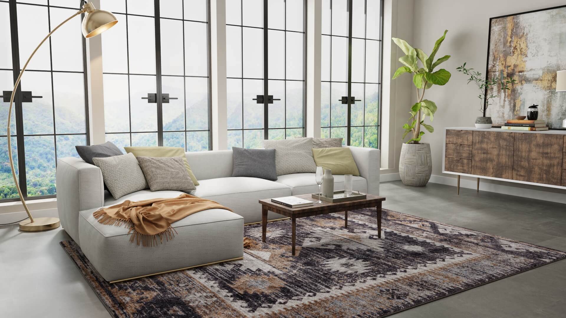 3D render of large geometric patterned rug by sofa sectional in modern living room made with imagine.io