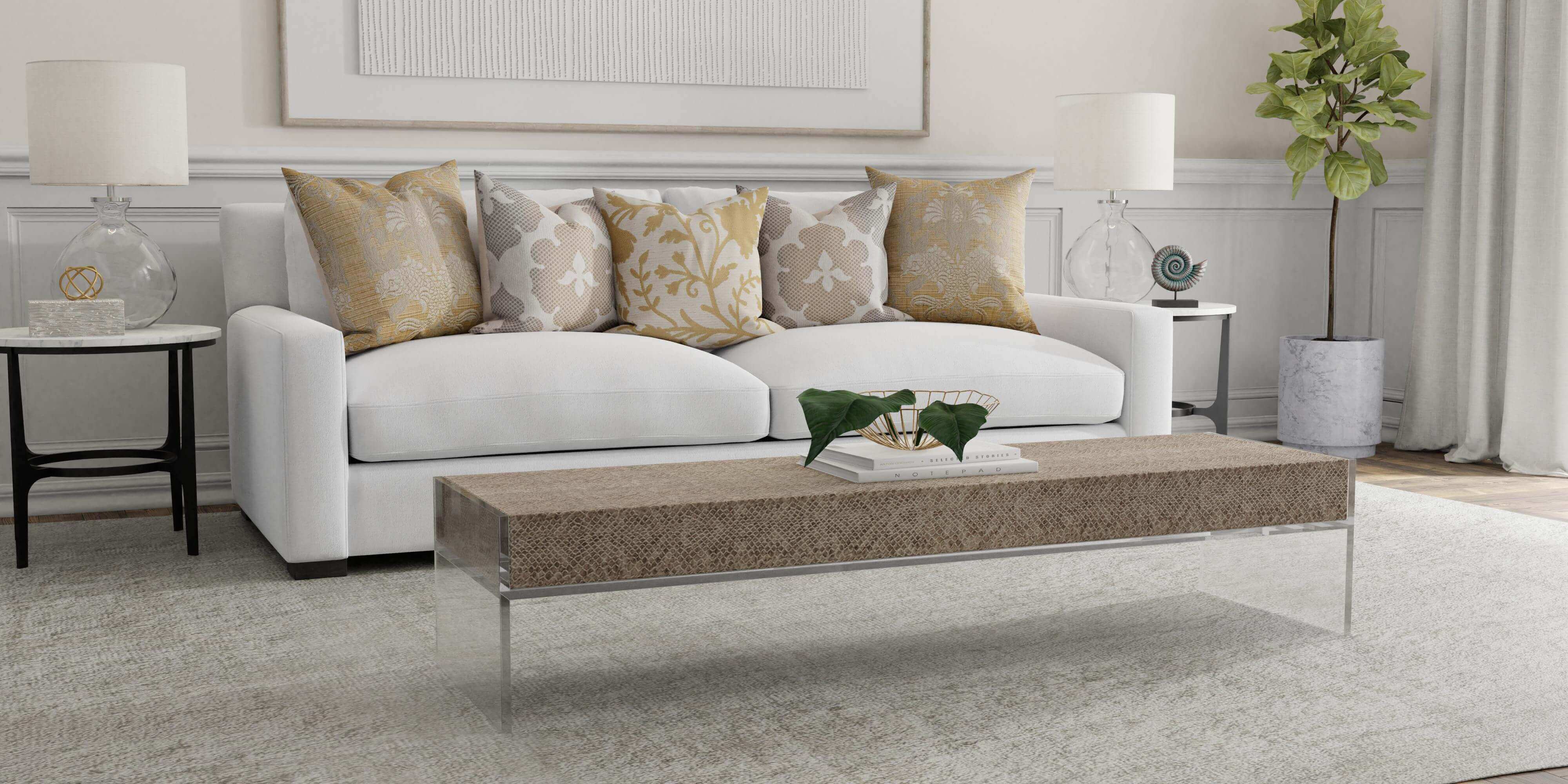 3D living room template with white and beige couch, pillows, rug, and added props made in imagine.io