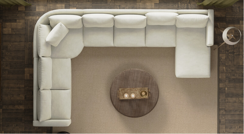 Top view of 3D generated white sectional and coffee table made in imagine.io