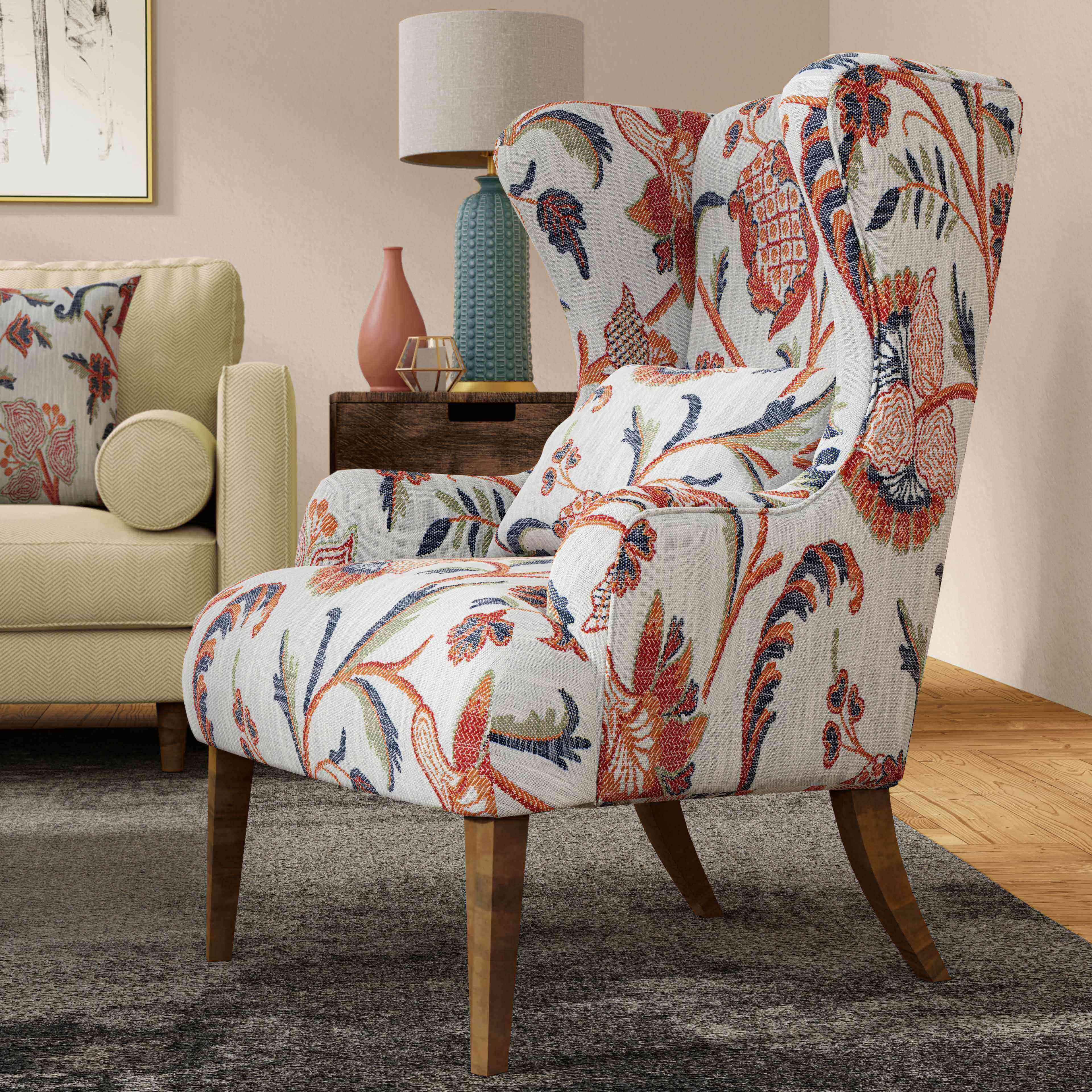Vignette of patterned accent chair created with imagine.io 