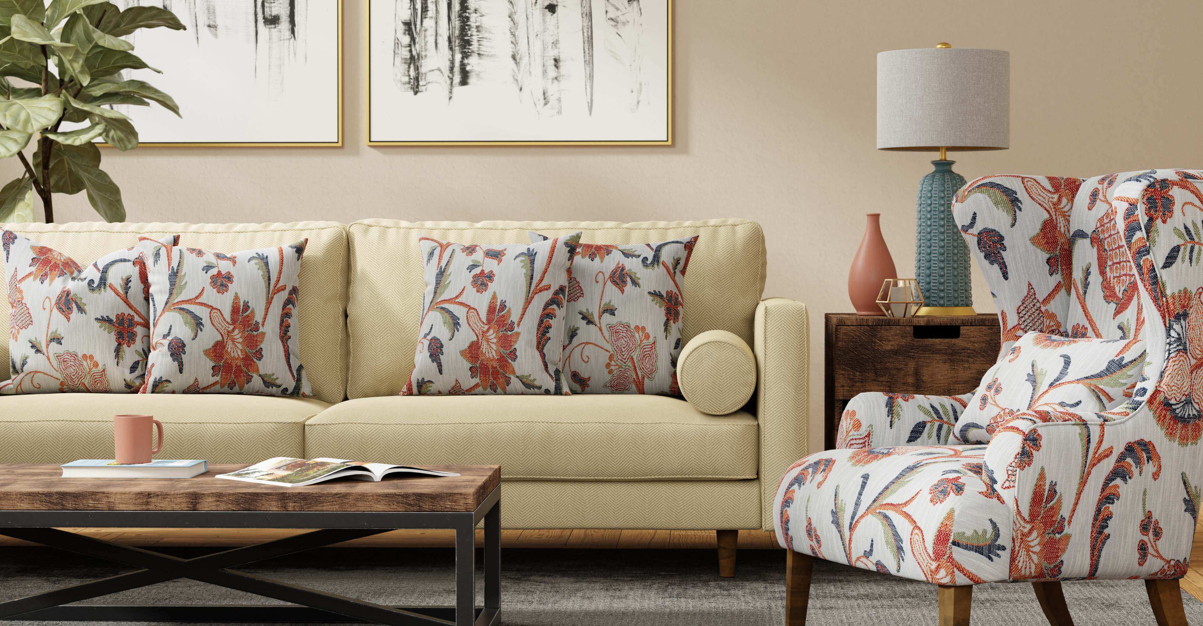 Yellow couch with floral patterns and floral pattered accent chair in 3D lifestyle template made with imagine.io
