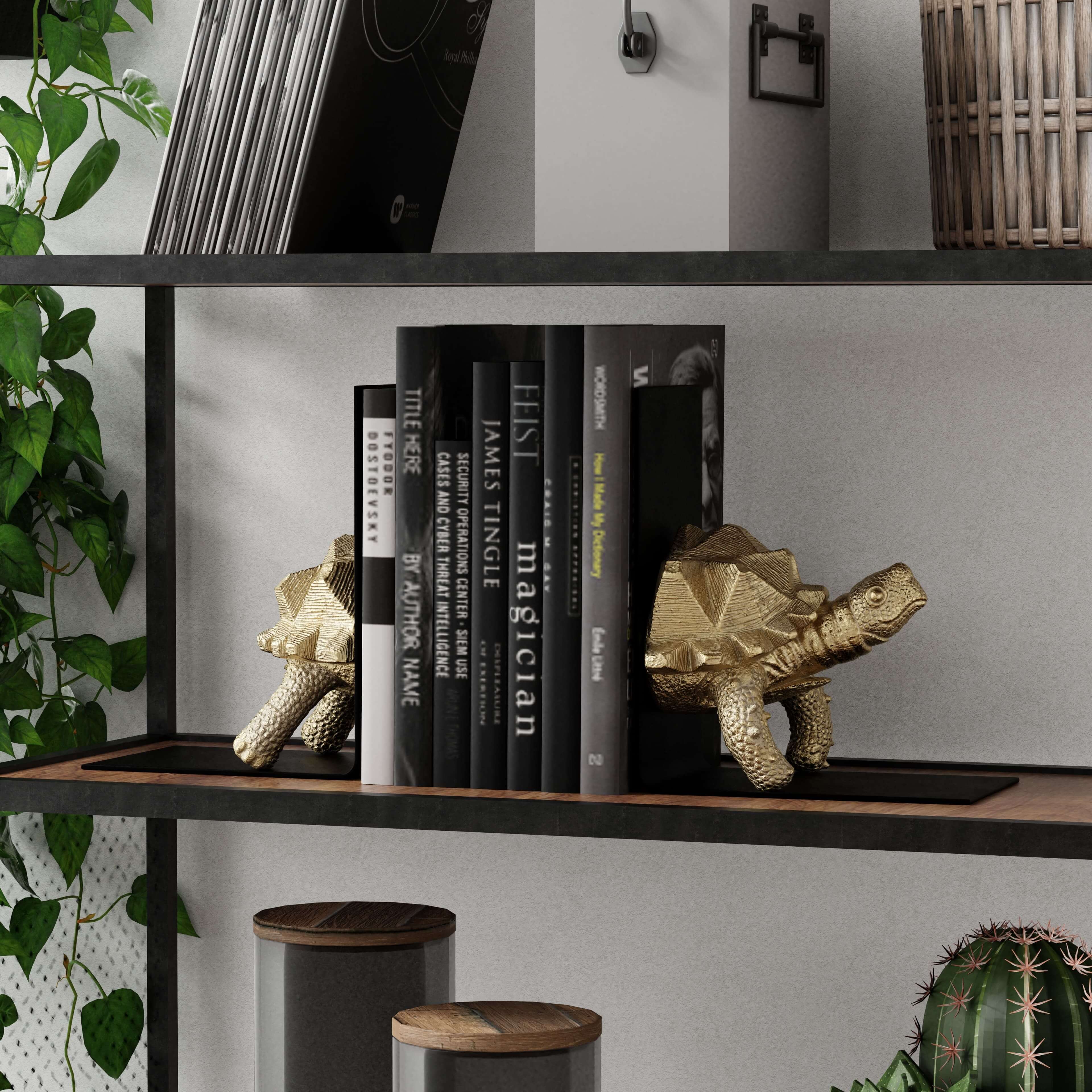 3D rendering of gold book ends on shelf made with imagine.io