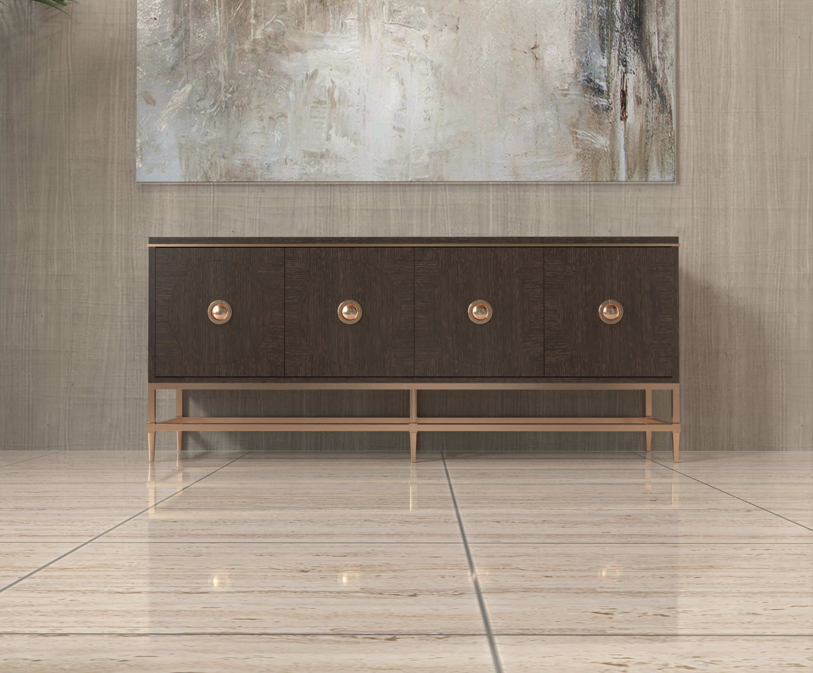 3D rendering of sideboard with gold accents in tiled hallway made with imagine.io