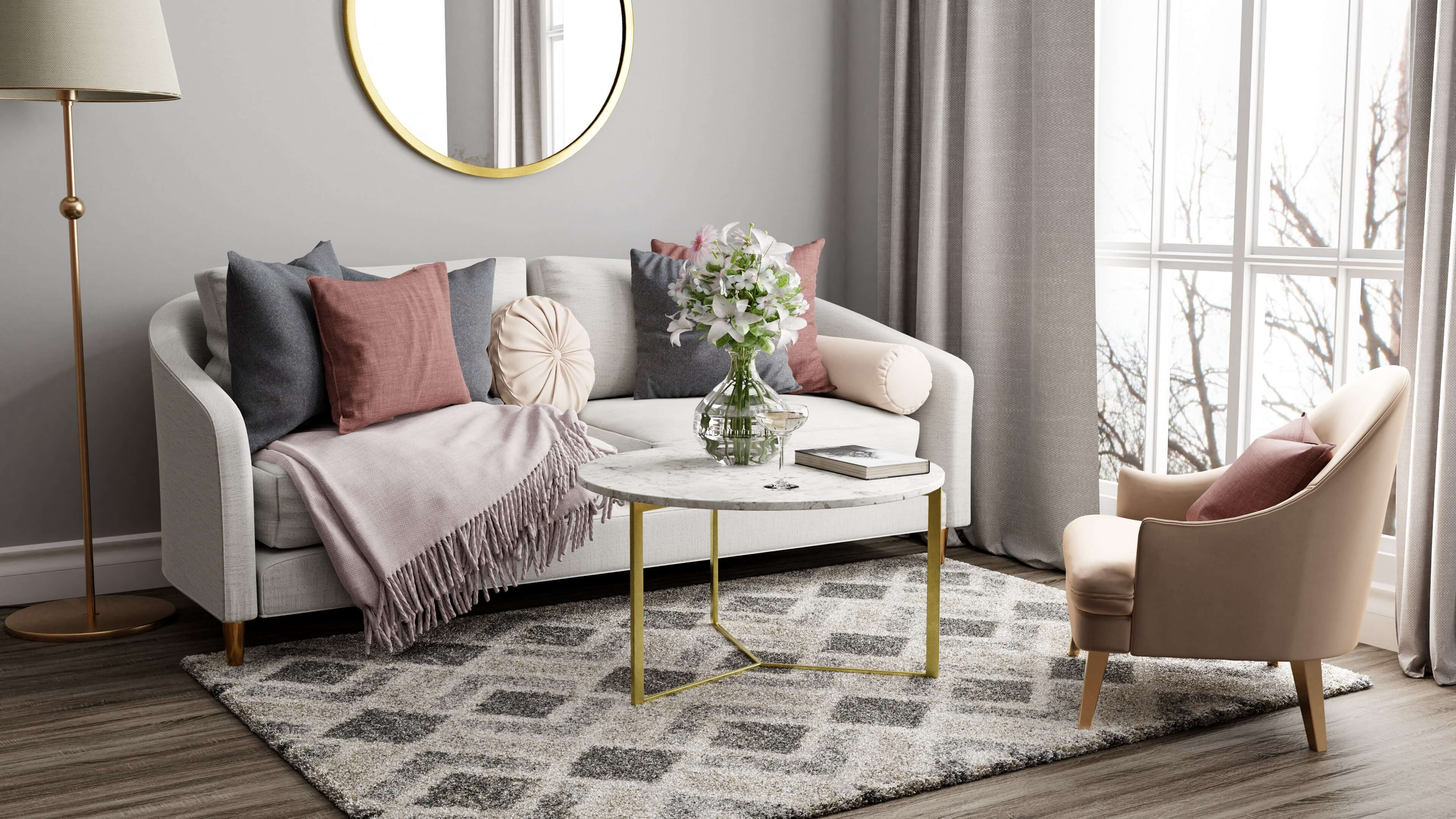 diamond natco rug in 3D living room template made in imagine.io