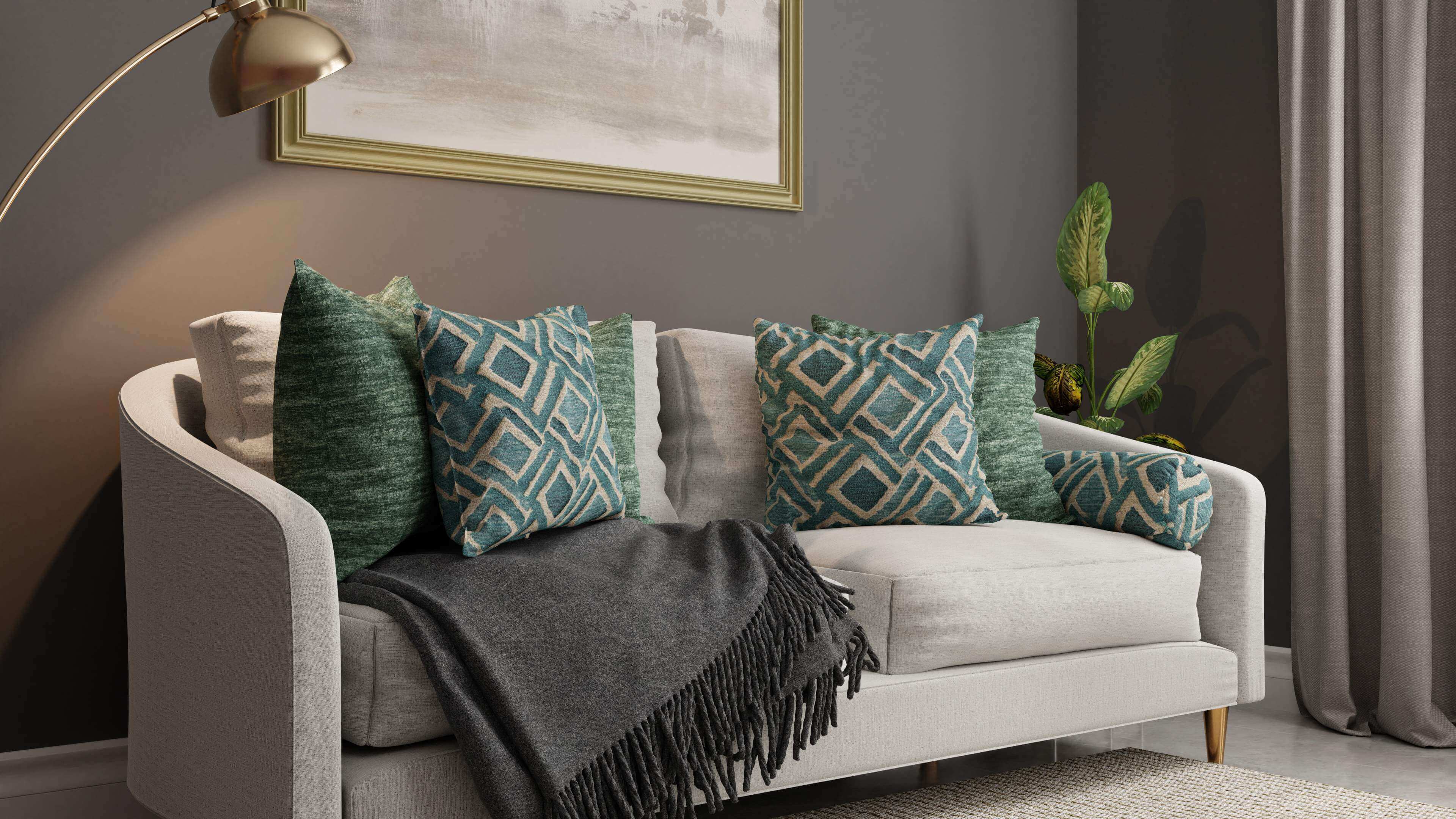 3D render of couch with green cushions by industria in imagine.io living room template