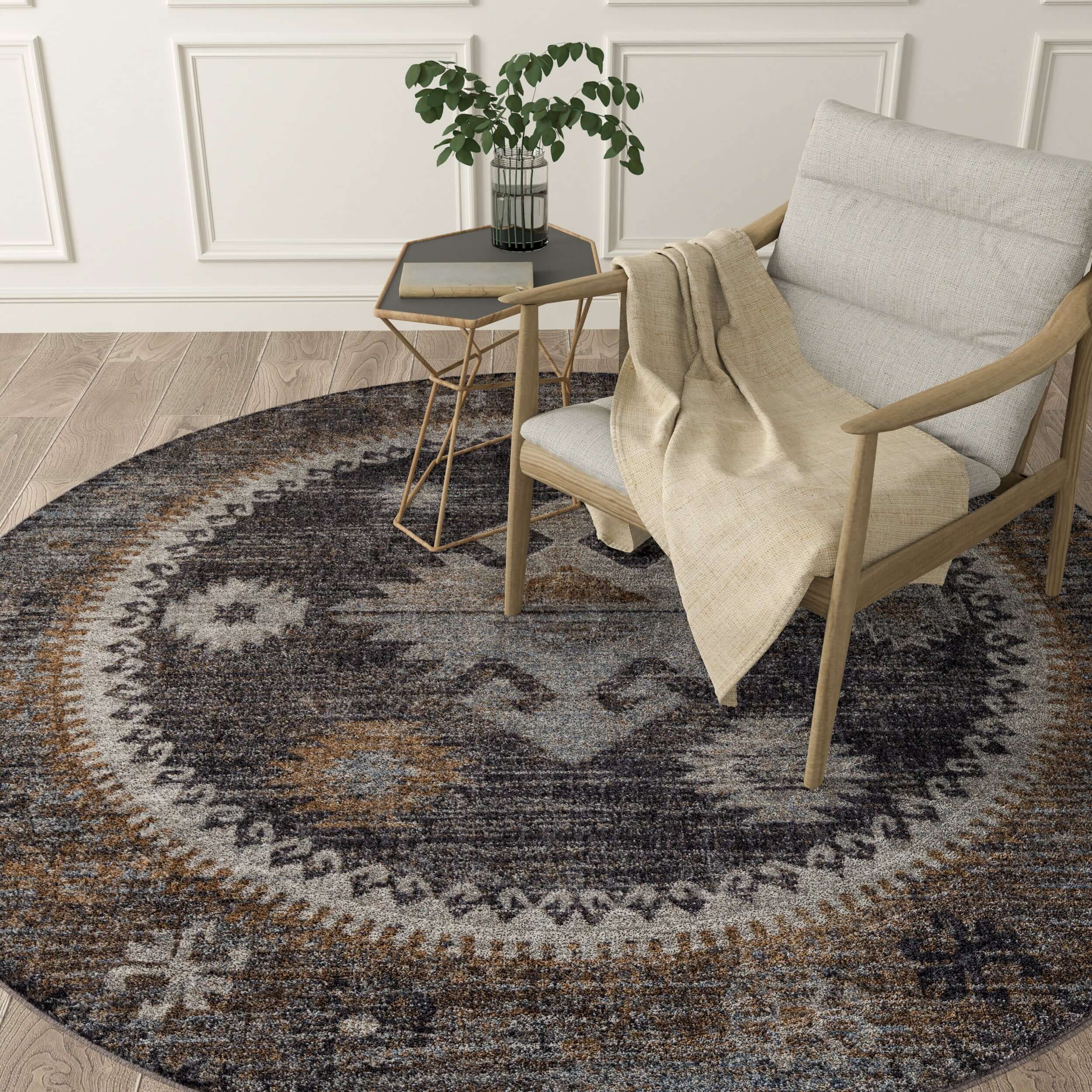 3D generated round bohemian accent rug with white chair and plant in lifestyle template created in imagine.io