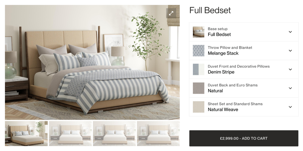 3D product configurator interface showcasing a customizable bed with options for pillows, duvet covers, and sheets
